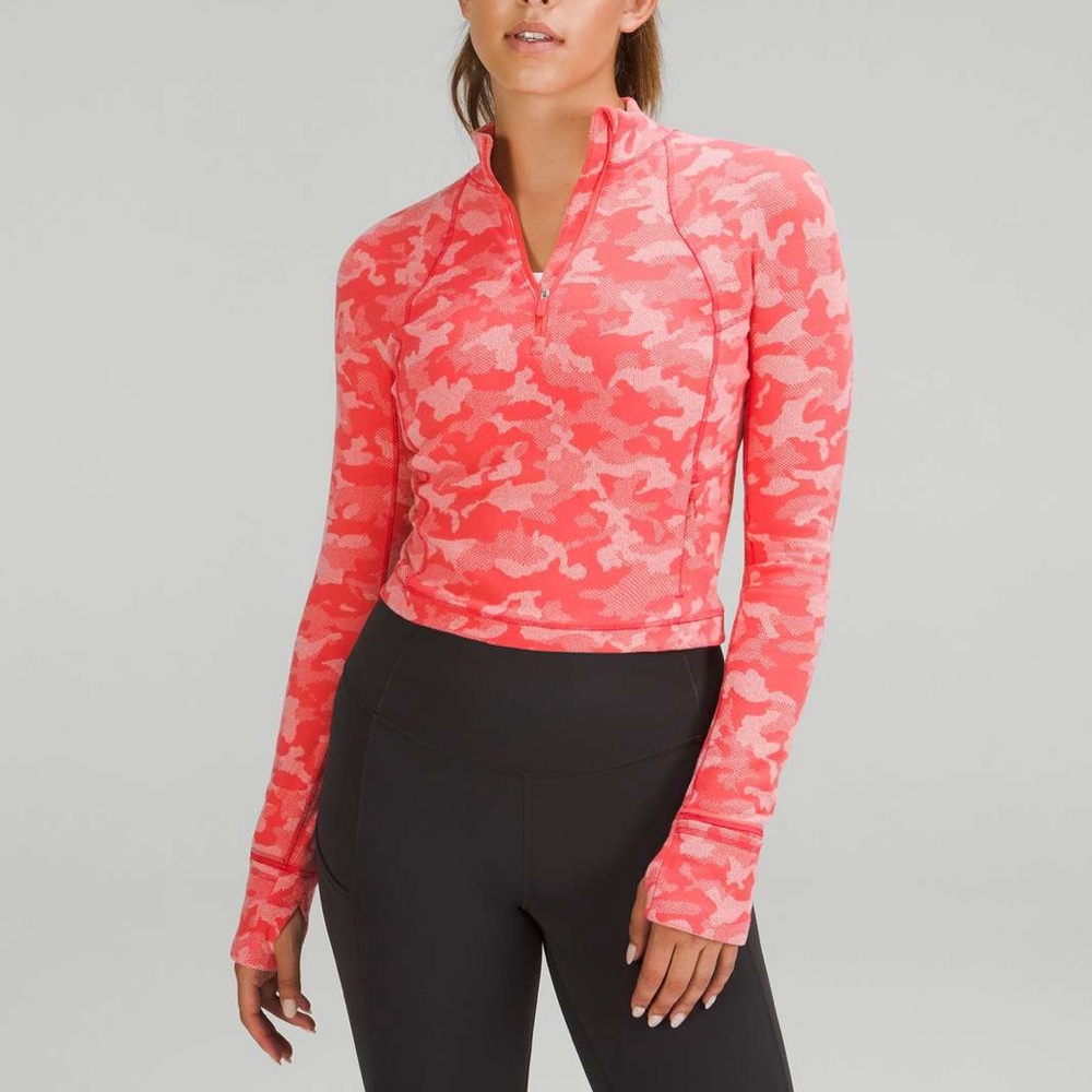 Lululemon Its Rulu Run Cropped Half Zip - Heritage Camo Jacquard Raspberry Pink